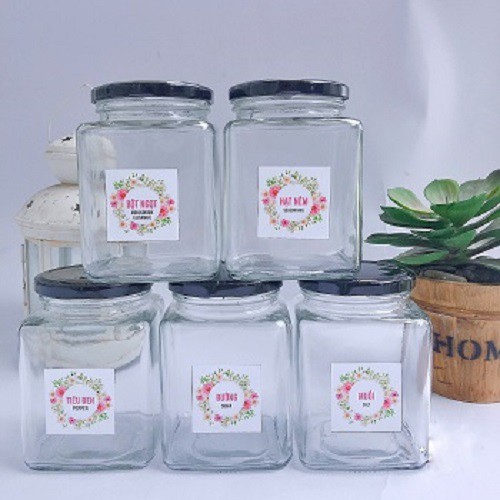 Hũ thủy tinh đựng gia vị - Bộ 05 hũ vuông mỗi hũ 500ml - Tặng bộ nhãn dán gia vị - The Kaffeine