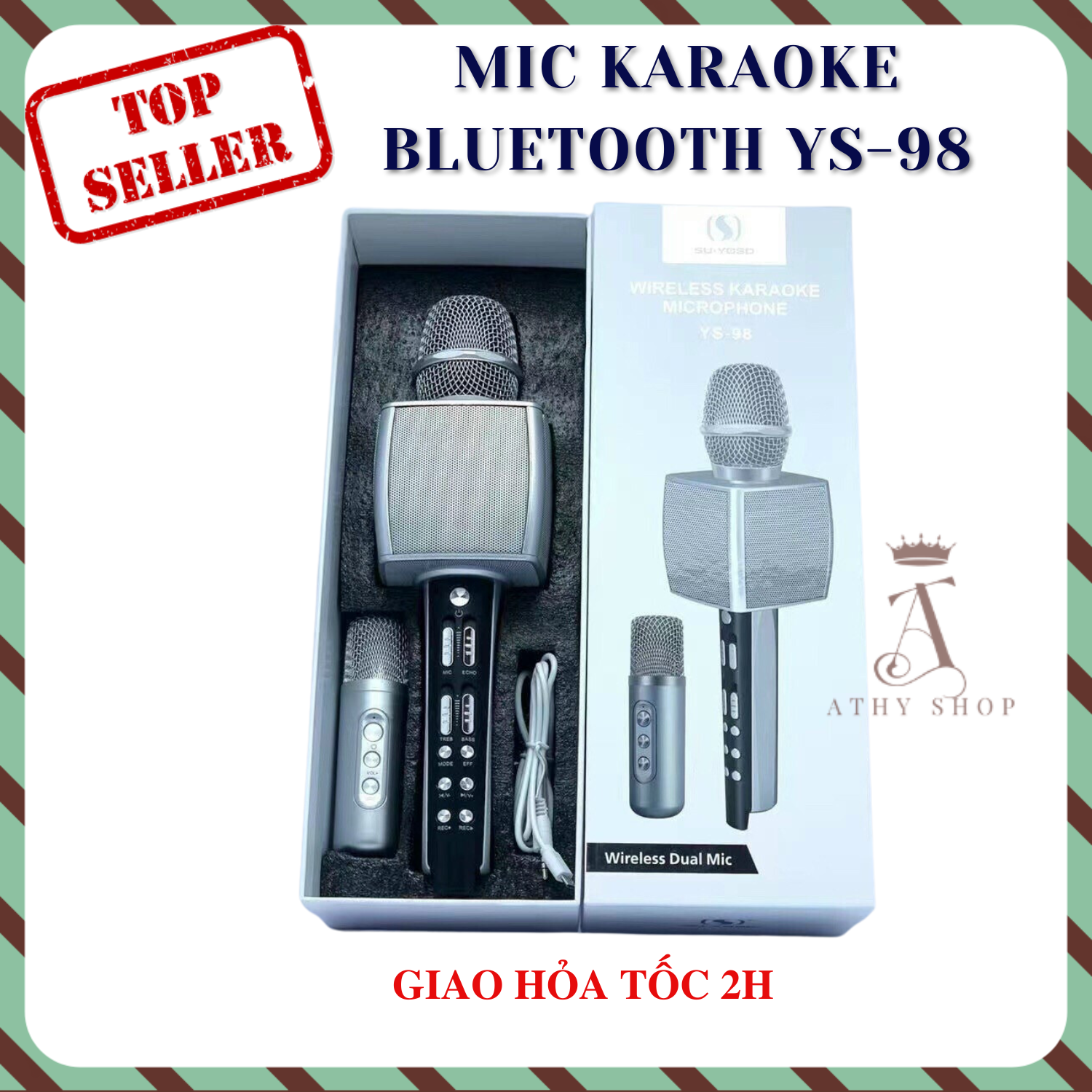 Mic karaoke bluetooth kèm mic phụ song ca ys-98 micro kết nối điện thoại hát 2 người ys98 microphone kèm loa athy shop
