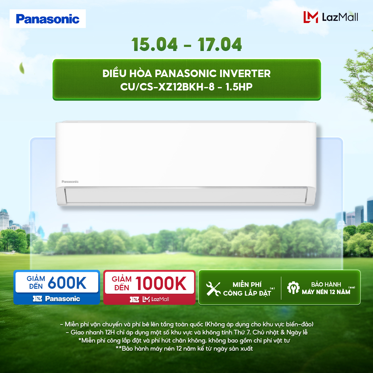 [CHỈ GIAO MIỀN BẮC] [Trả góp 0%] [Chỉ giao miền Bắc] Máy lạnh/Điều hòa Panasonic Inverter CU/CS-XZ12BKH-8 - 1.5HP - Hai chiều - Eco AI - Lọc sạch không khí NanoeX - Wifi - Hàng chính hãng