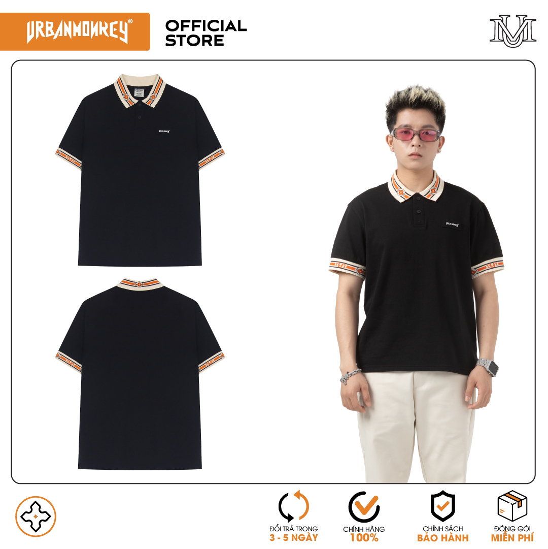 Áo Polo Nam Unisex Urban Monkey Cotton 2 Chiều Form Vừa Vặn Logo Kim Loại Phối Màu Đen - Goblin Signature Polo Black
