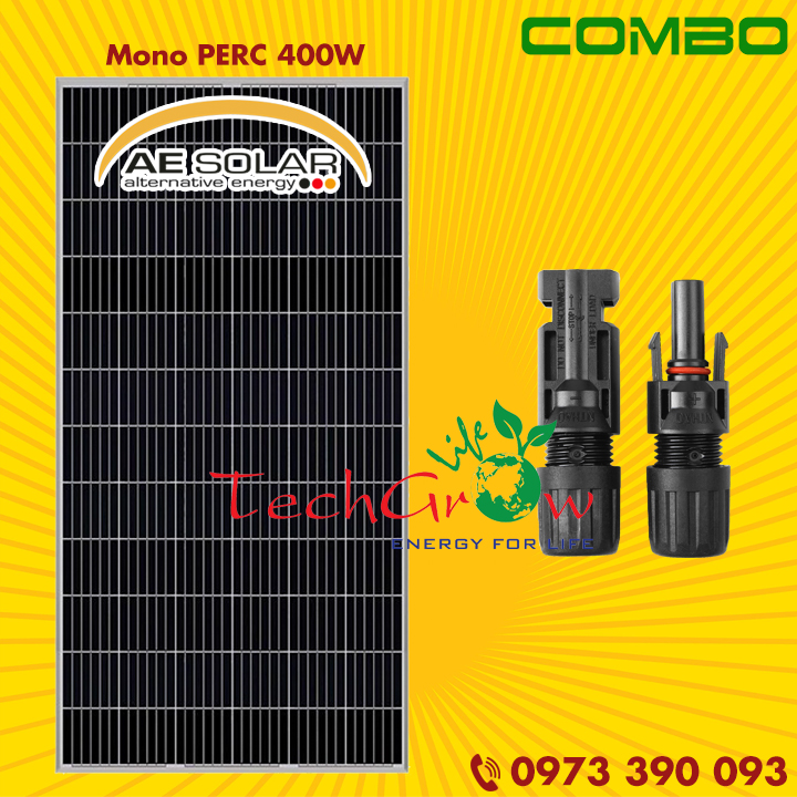 COMBO Tấm pin năng lượng mặt trời Mono Perc 400W AE Solar + Jack nối MC4