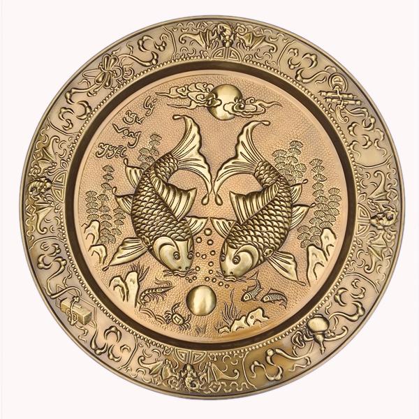 mâm tranh lý ngư vọng nguyệt 53cm chất liệu đồng làm màu cổ
