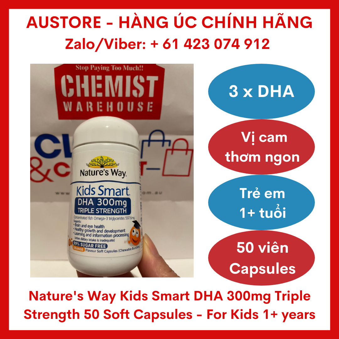 [Bill Úc] Kẹo mềm vị cam bổ sung 3x DHA cho trẻ thông minh - Nature's Way Kids Smart DHA 300mg Triple Strength 50 Soft Capsules (for Children 1+ years)  từ 1 tuổi trở lên
