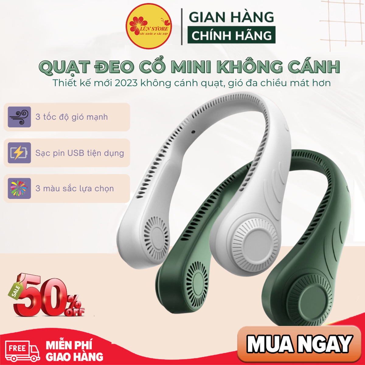 Quạt mini đeo cổ không cánh Biên Độ Thổi Rộng 360 Độ Dung Lượng Pin Lớn, Quạt đeo cổ không cánh ba cấp độ gió chạy êm và mát - Quạt Sạc Điện Mini, Quạt Tích Điện, Quạt Mini, quạt đeo cổ mini siêu mát