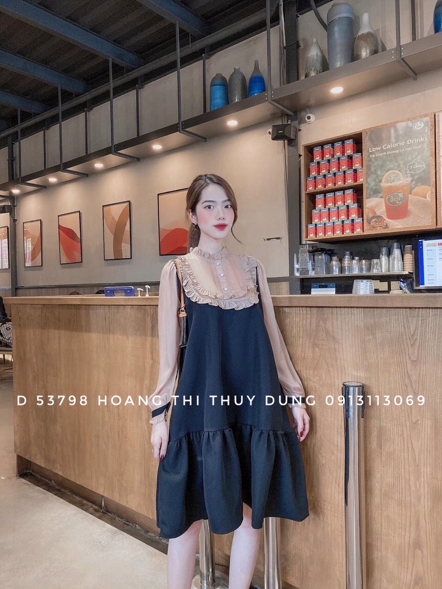 Đầm chất kate phối voan tay dài xinh sắn