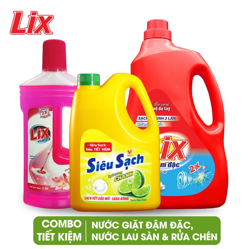 COMBO số 55 gồm Nước giặt LIX đậm đặc hương hoa 2kg NG201 + Nước rửa chén LIX siêu sạch hương chanh 1.4kg NS140 + Nước lau sàn hương lily và hoa hồng 1 lít LSL02