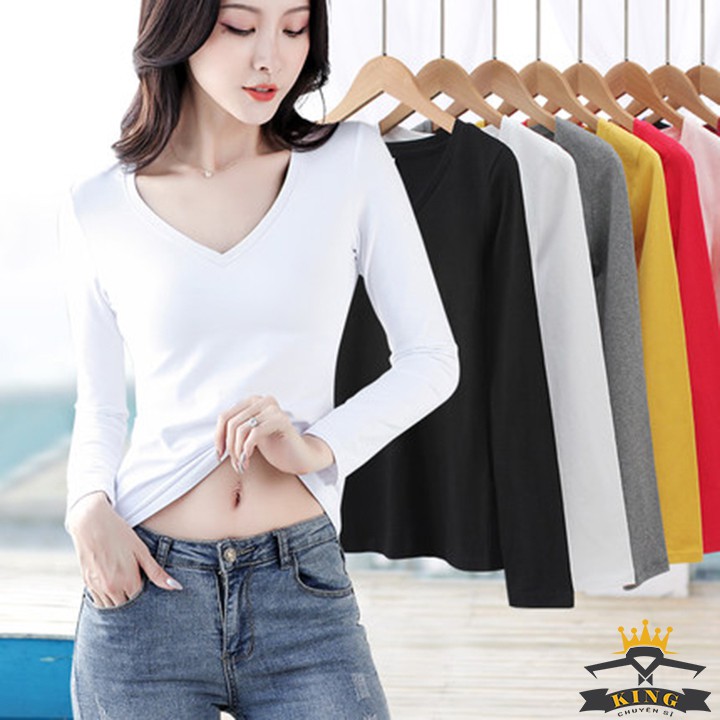 Áo thun cổ tim tay dài - áo thun thái co giãn 4 chiều