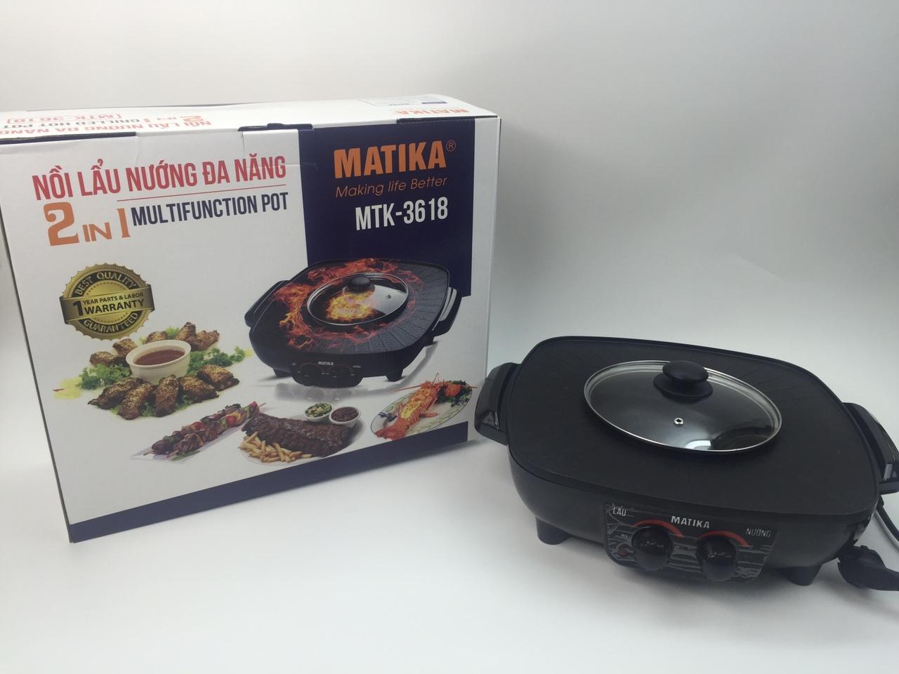 Lẩu và nướng matika 1300w không cháy khét khói bụi màu đen mtk-3618