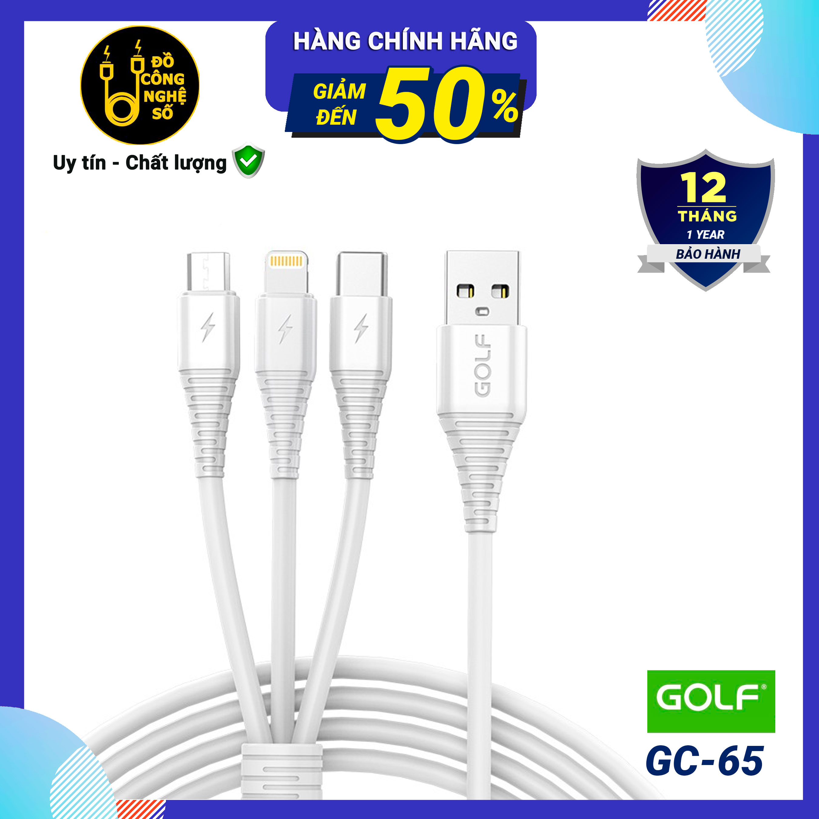 Cáp sạc 3 đầu cáp sạc 3 in 1 sạc nhanh 3a golf gc-65 lightning - microusb - type-c dài 100cm sạc 3 thiết bị cùng một lúc