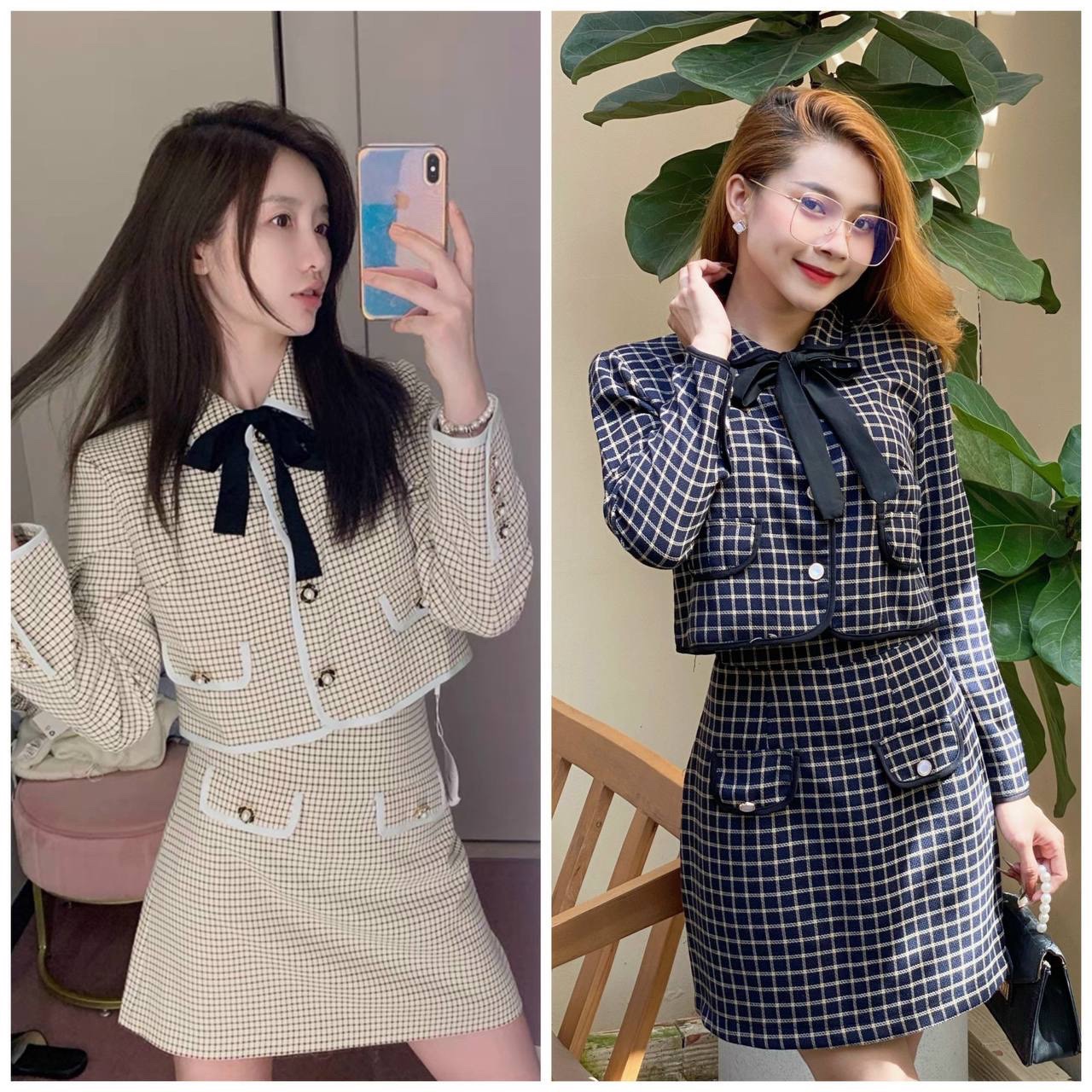 Set áo dạ phối nơ kèm chân váy caro - Rossy Fashion