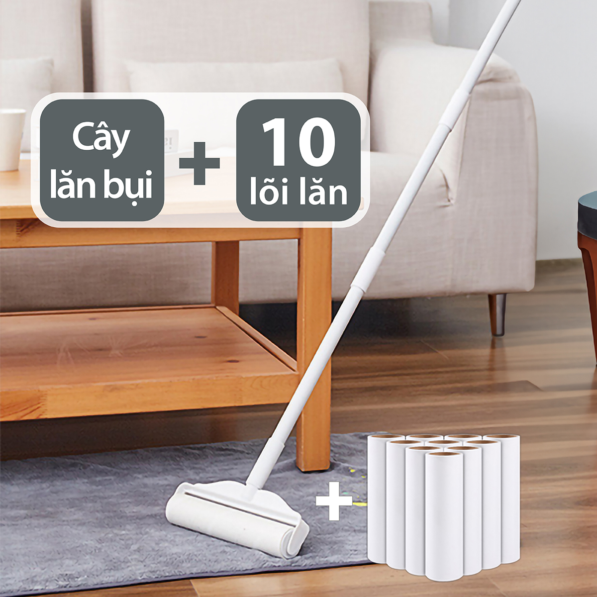 Combo 1 cây lăn bụi + 10 lõi keo dính Living C, Lõi 10cm, 16cm, 24cm, Đa Năng, Tiện Ít