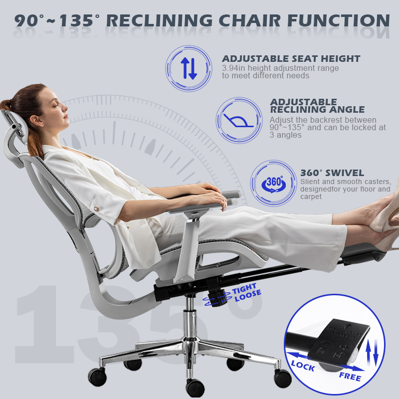 【Bảo hành 3 năm Ghế văn phòng Ghế máy tính Ghế Ergonomic với Ottoman, tựa đầu có thể điều chỉnh, hỗ trợ thắt lưng có thể điều chỉnh, tay vịn có thể điều chỉnh