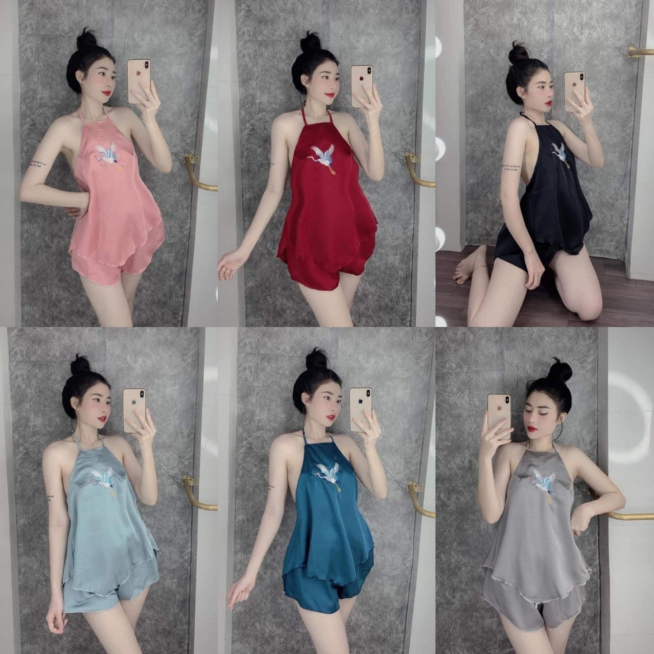 Đồ ngủ nữ❣️FREE SHIP❣️Đồ ngủ sexy yếm thêu hạc lụa Satin cao cấp mềm mại xinh xắn , mẫu yếm hở lưng < 60kg