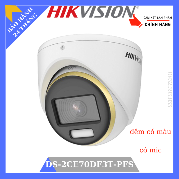 Camera hdtvi 2.0mp trong nhà hikvision ds-2ce70df3t-pfs đêm có màu, có mic, tầm xa hồng ngoại 20m