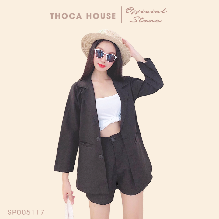Set vest nữ - Áo blazer túi mổ phối quần short lưng thun đen THOCA HOUSE vải dày đi làm, đi học freesize dưới 56kg