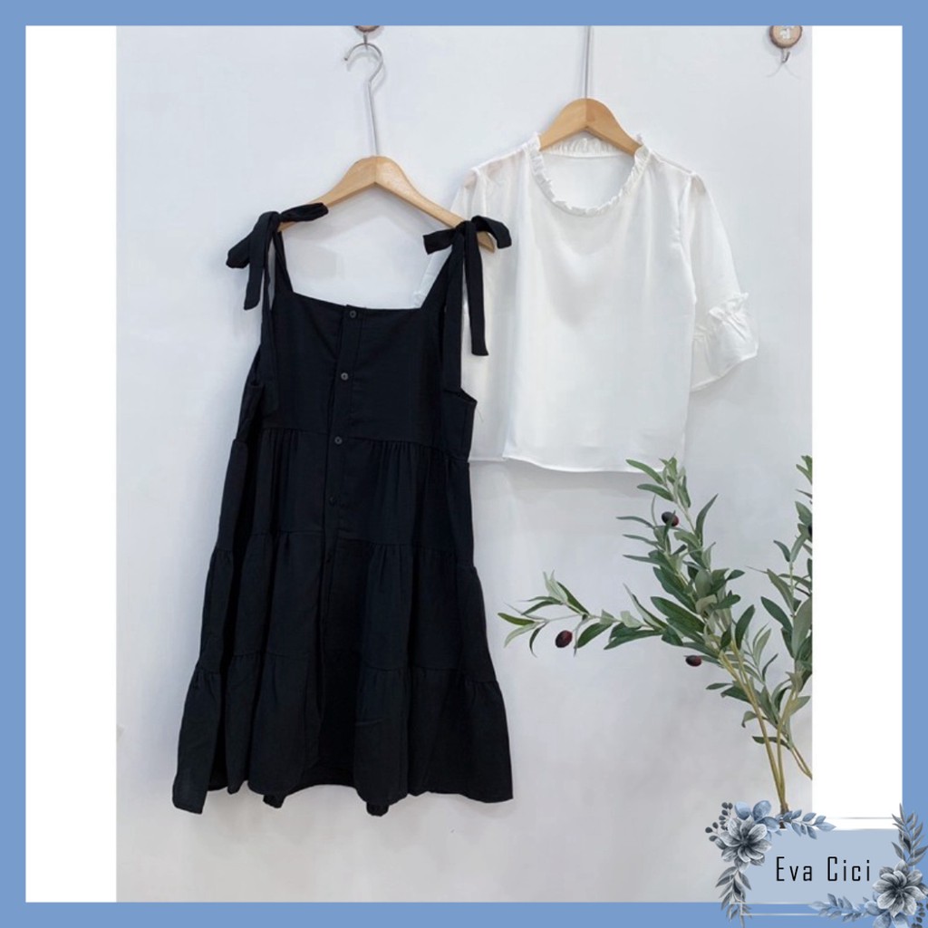 Set yếm buộc nơ 3 tầng - Set sơ mi yếm cổ điệu tay xuông siêu nhẹ nhàng.