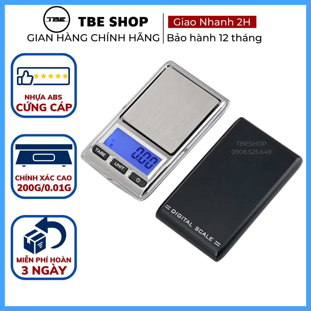 Cân tiểu ly điện tử mini 200g 0.01 nhỏ gọn chính xác cao tặng dây & túi da - bảo hành 1 năm