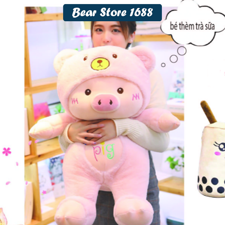 Gấu Bông Heo cosplay mèo , gấu tặng kèm ly trà sữa bông 15cm