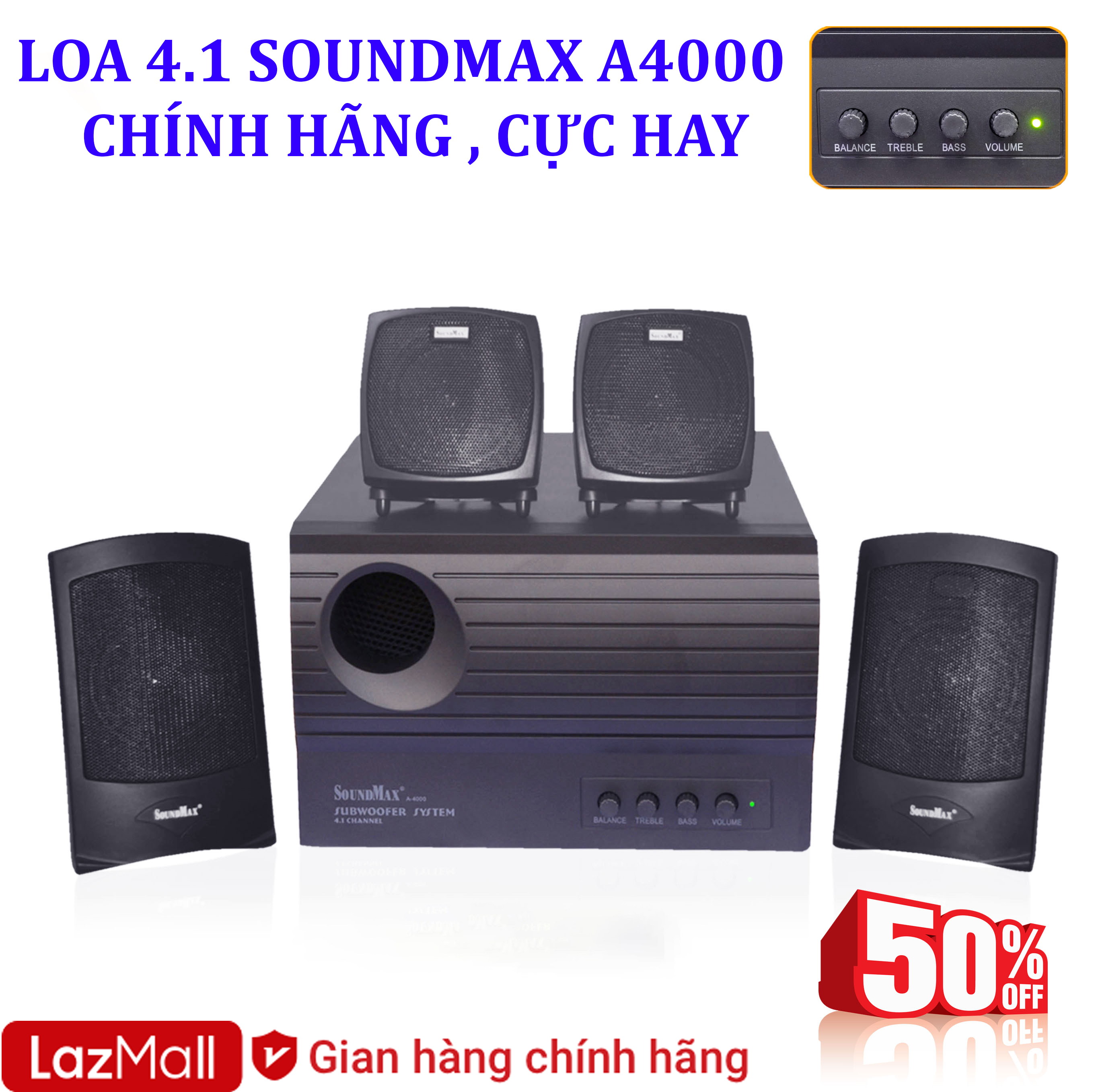 Loa vi tính công suất lớn soundmax a4000 4.1, bass cực mạnh loa siêu trầm, công suất lên đến 60w,treble trong trẻo, sắc nét.