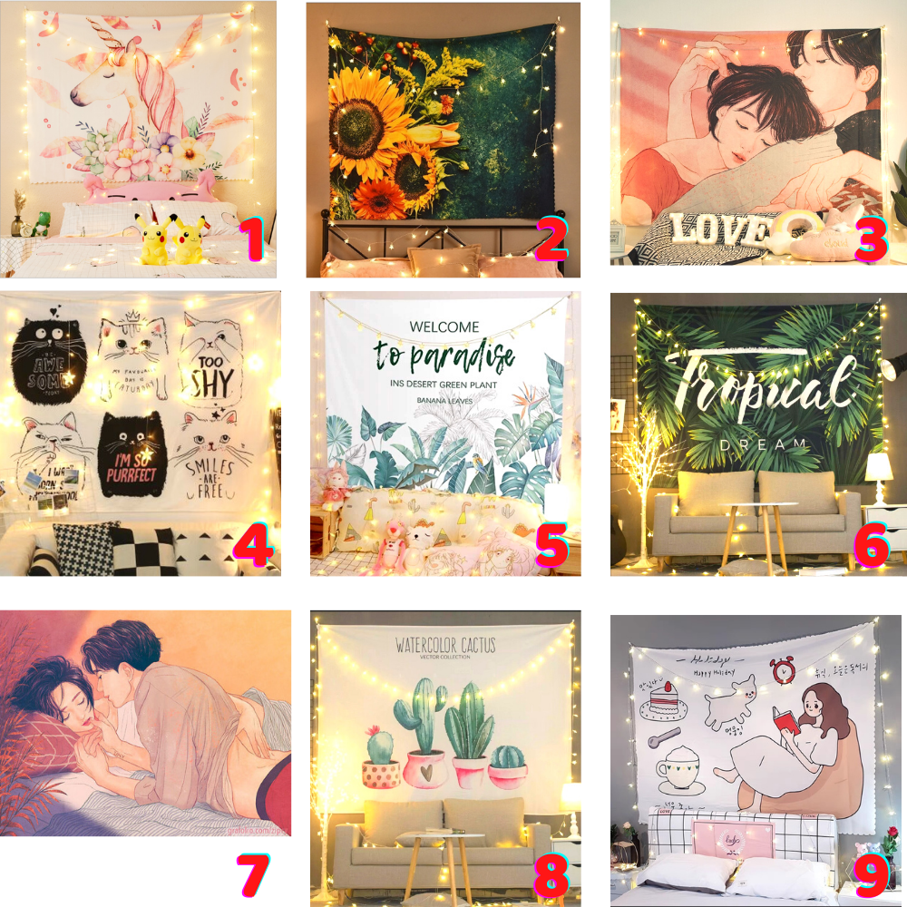 [ Thảm+ Đèn + Móc ] Thảm treo tường, vải treo tường  Size 150x130cm, , Decor phòng ngủ cute tặng phụ kiện
