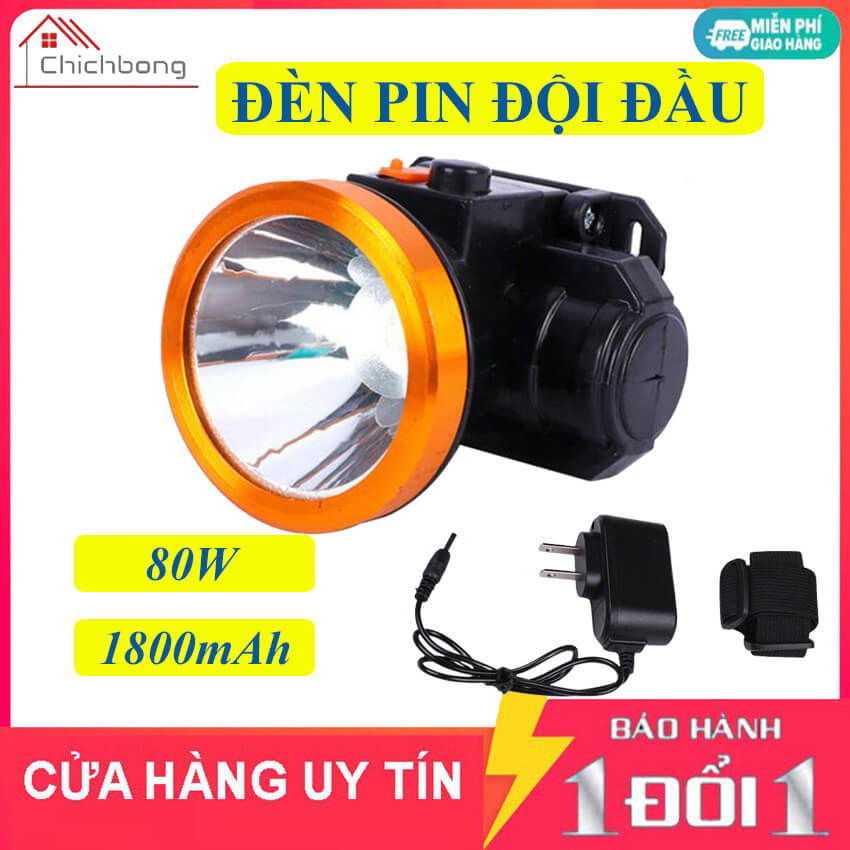 Đèn pin đội đầu siêu sáng chiếu xa 200m 80W, đèn pin đeo trán pin trâu 1800mAh, đèn pin đội đầu mini 1 bóng ánh sáng trắng, đèn pin đội đầu
