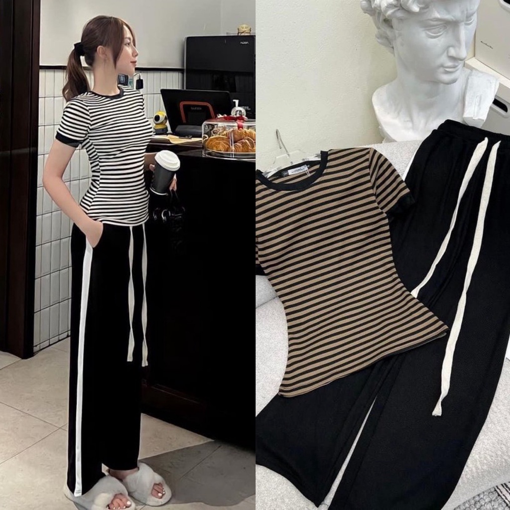 Set đồ bộ nữ quần dài tay ngắn sọc caro xinh Gugumi