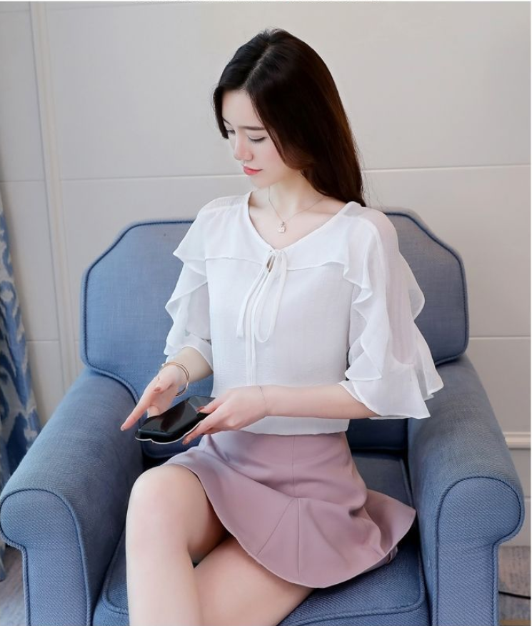 Áo sơ mi voan nữ 2 lớp kiểu tay lỡ, phối bèo thân và tay áo, cổ áo thắt dây nơ Hàn Quốc