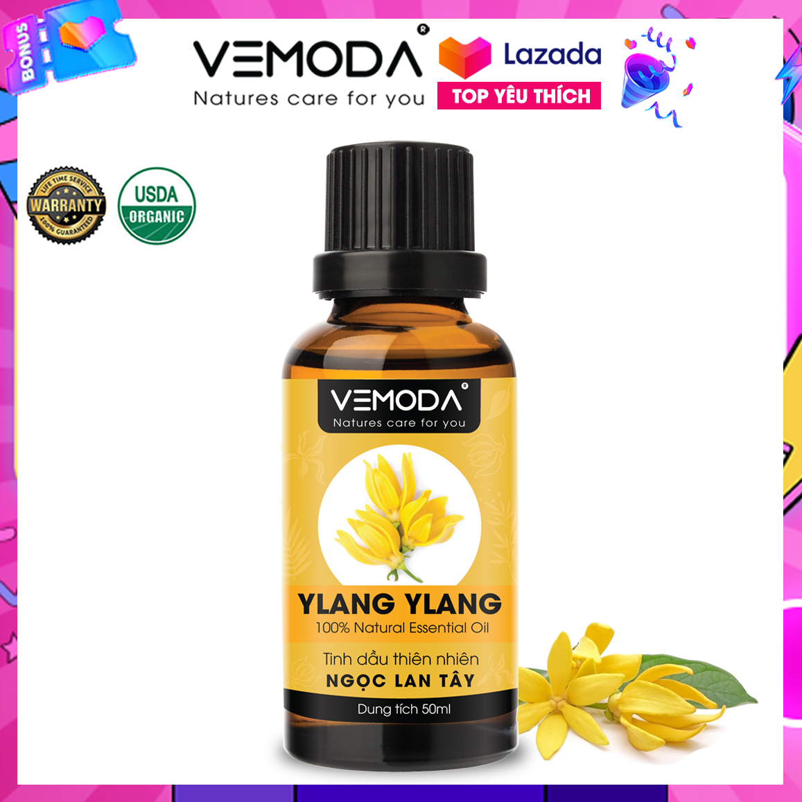 Tinh dầu Ngọc lan tây cao cấp Vemoda 50ML | Ylang Ylang Essential Oil. Tinh dầu xông phòng. Tinh dầu thơm phòng mùi hương Ngọc Lan Tây giúp khử mùi, thanh lọc không khí, giảm căng thẳng, tạo cảm giác lãng mạn, ngọt ngào