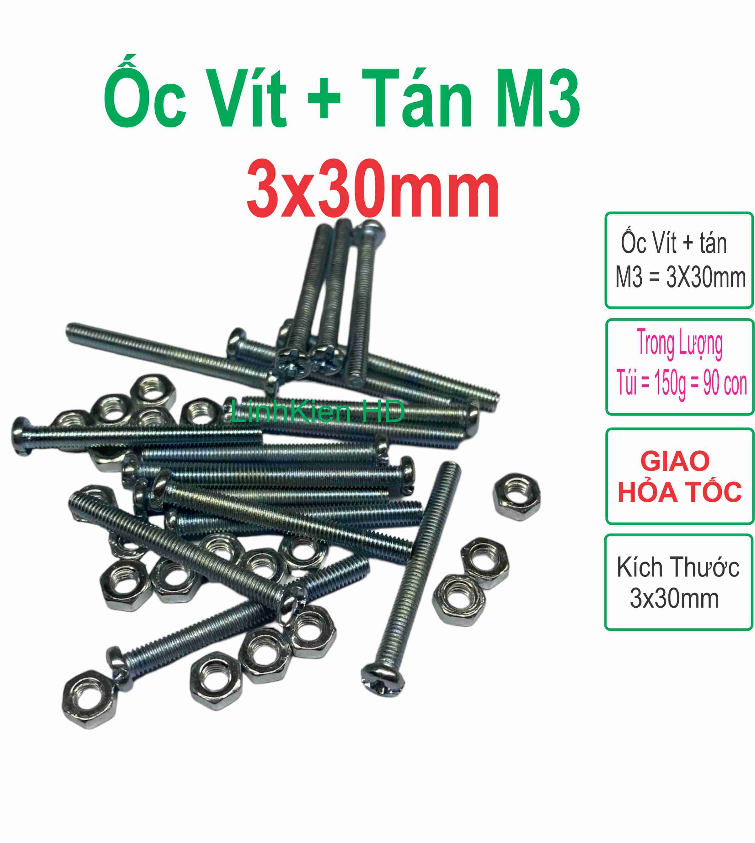 Ốc vít tán M3 3ly dài 3cm ( túi 150g = khoảng 90- 100 con) LinhKien HD