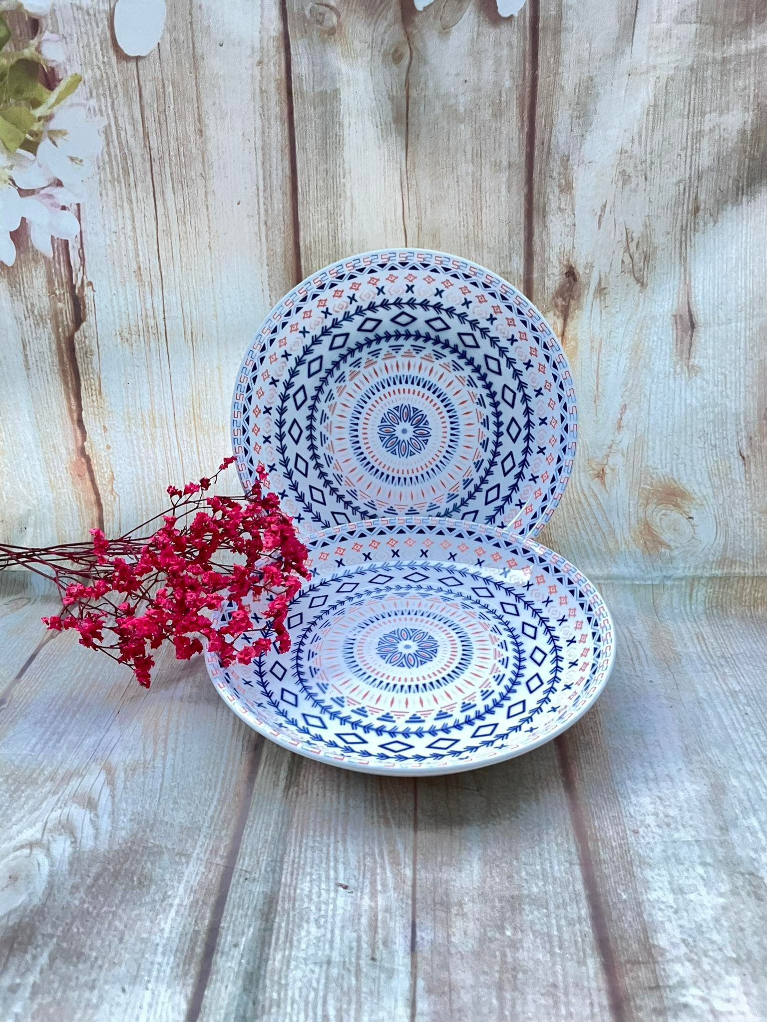 Bộ 2 dĩa sứ pastel hoa văn thổ cẩm cao cấp 8in _ đk 20cm - dĩa đựng thức ăn, dĩa sứ cạn lòng hoa văn đẹp mắt