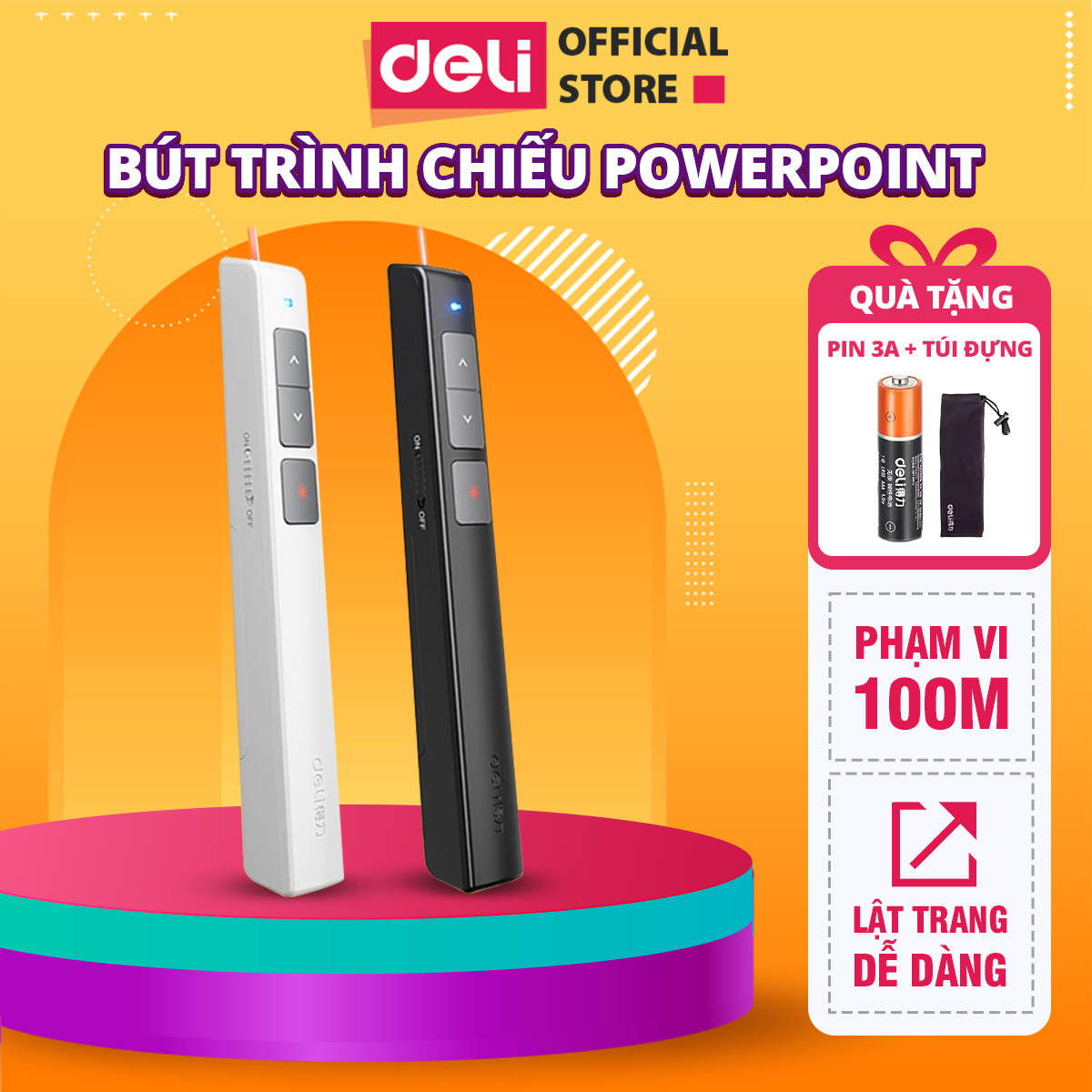  Bút Trình Chiếu DELI 2802PS Điều Khiển Powerpoint 100M Tia Laser Đỏ Tương Thích Nhiều Thiết Bị 