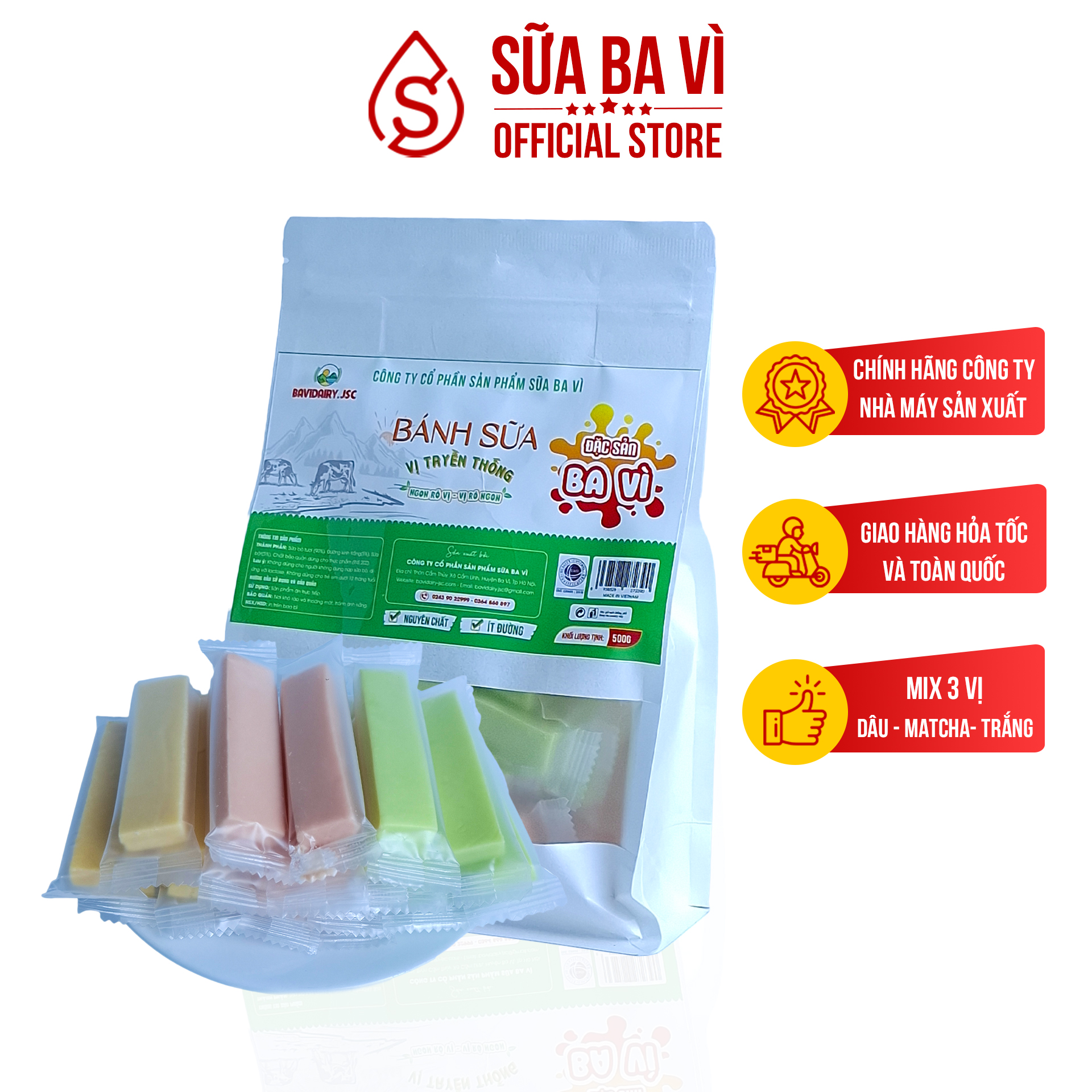 Bánh Sữa Ba Vì Mix Vị, Matcha/Socola/Dâu Tây/Cà Phê - Ít Đường, Túi 500g/34 Thanh