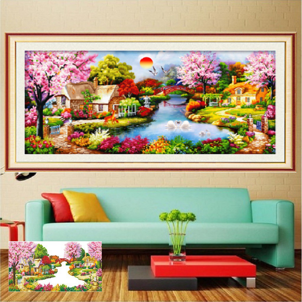 Tranh đính đá mẫu mới vườn tình yêu kt 105x50cm