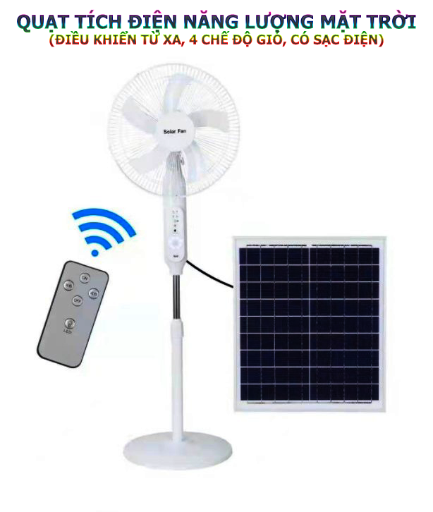 Quạt tích điện Năng lượng mặt trời, điều khiển từ xa thông minh, 4 chế độ gió, đèn LED sáng