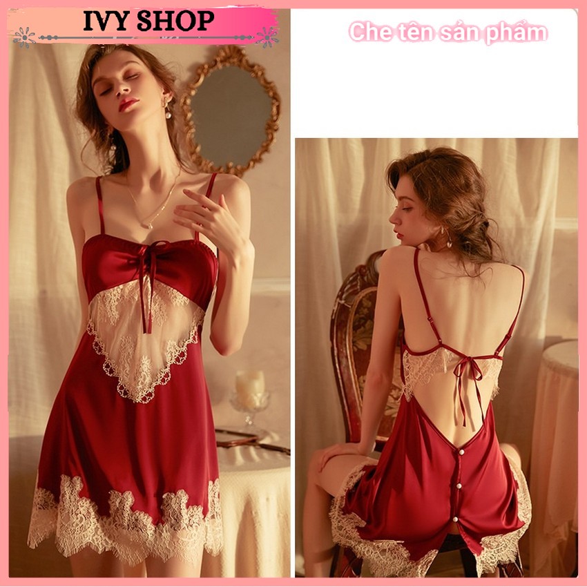 Váy ngủ phối ren hở lưng 2 dây hở lưng cao cấp 1609