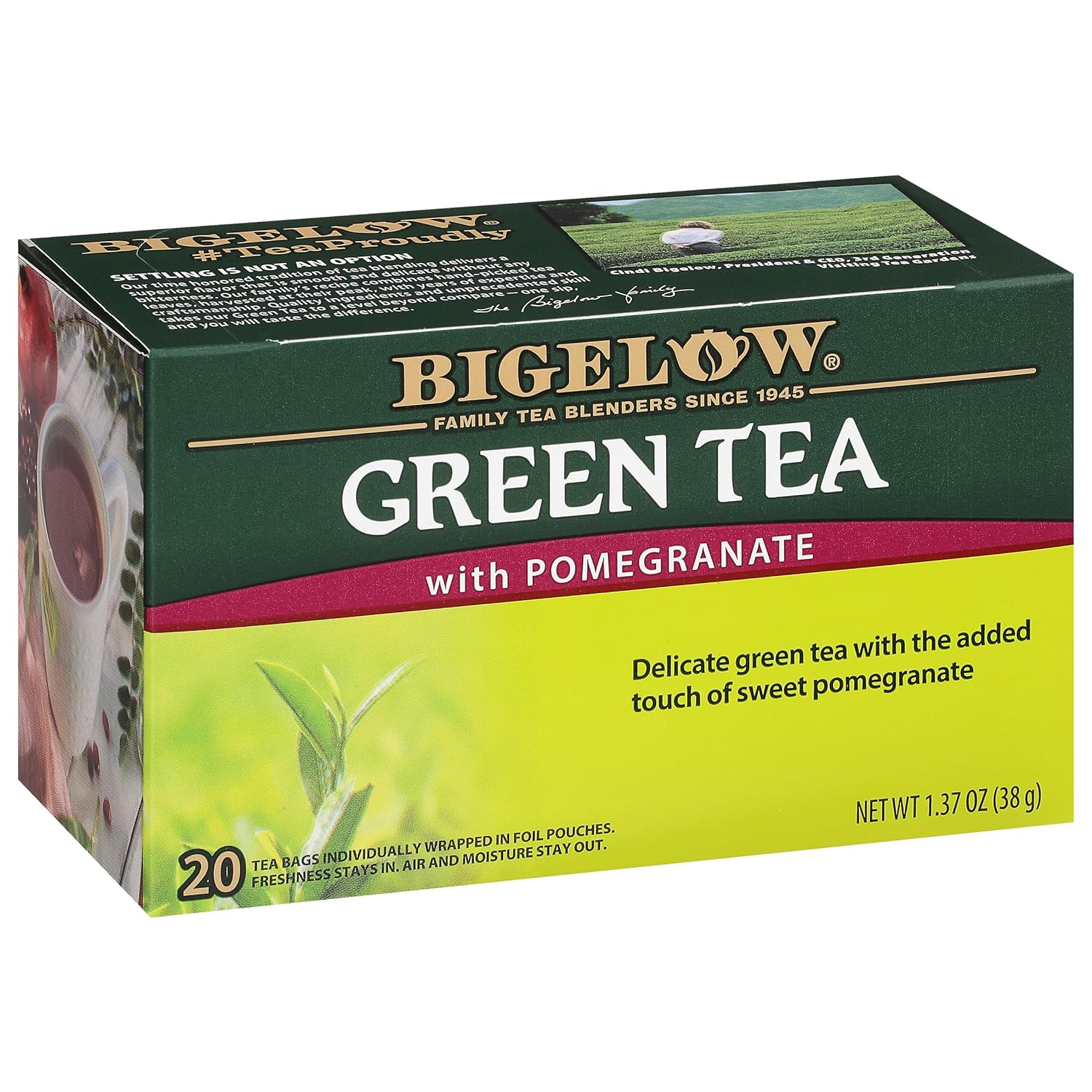 Trà Bigelow Green Tea with Pomegranate – Trà xanh hương lựu đỏ hộp 20 gói