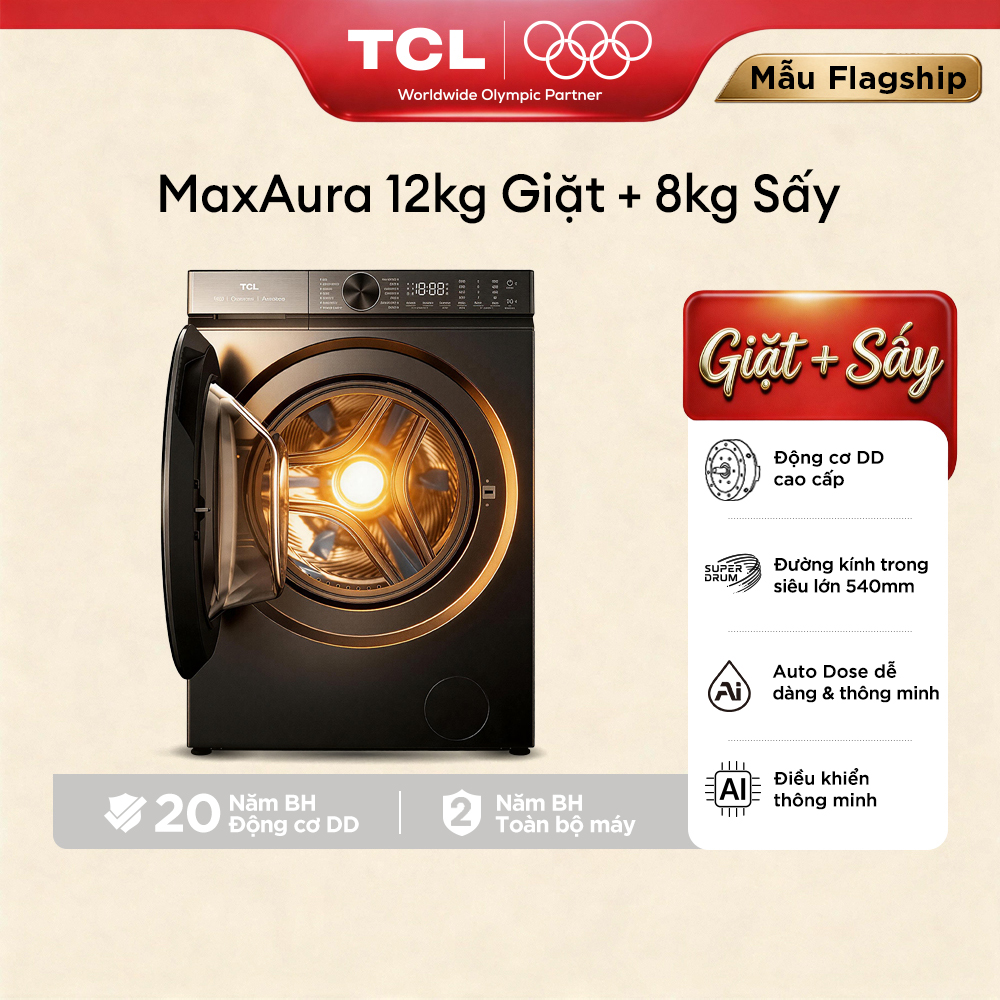 【FREE LẮP ĐẶT CƠ BẢN TOÀN QUỐC】Máy Giặt Sấy TCL Max Aura 12KG - Động Cơ DD Inverter Cao Cấp - TWD120-C682DG - Máy Giặt Sấy Cửa Trước - Lồng Giặt Siêu Lớn