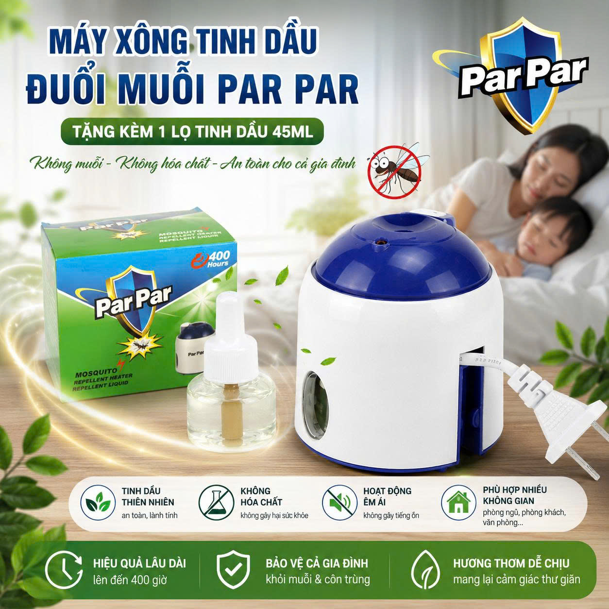 Bộ Máy Xông Tinh Dầu Đuổi Muỗi Par Par Tặng Kèm 1 Lọ Tinh Dầu 45ml An Toàn Tiện Lợi