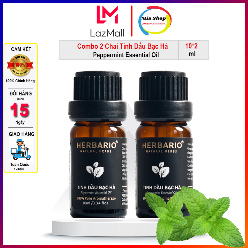 Combo 2 chai Tinh dầu bạc hà nguyên chất HERBARIO giúp kháng khuẩn xông phòng, xông xe, xua đổi côn trùng 10ml*2