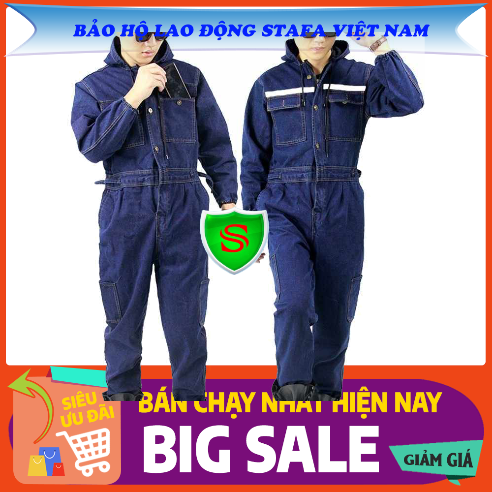 Bộ quần áo jean cho thợ hàn cao cấp - đủ size - chất liệu vải bò - có phản quang cùng túi hộp