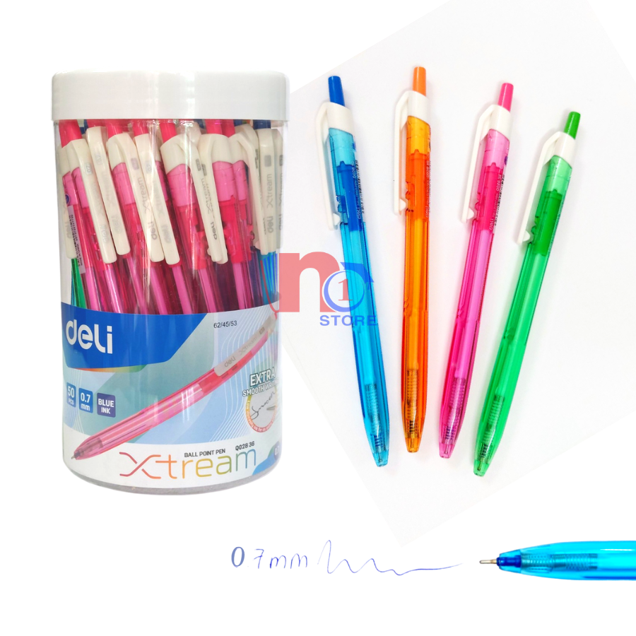 Combo 10 cây bút bi deli nét 0.7mm q028 36 thân trong, mực xanh nét viết cực trơn
