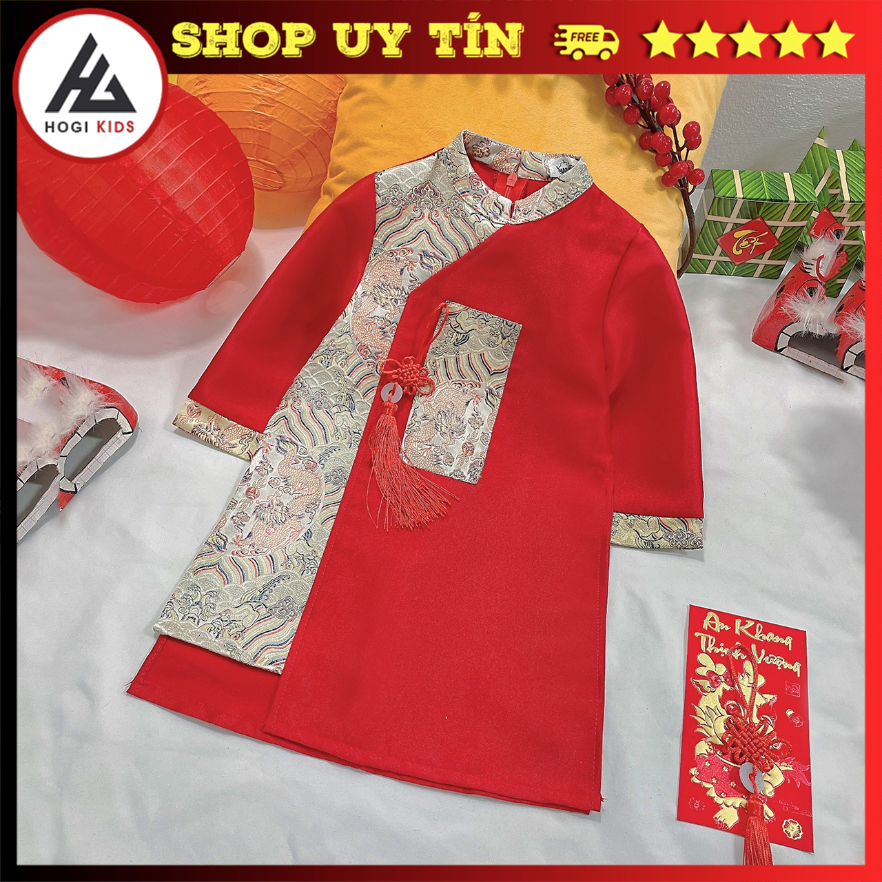 Áo dài cách tân bé trai Hogi chất liệu tafta phối gấm Long vũ kèm khánh đỏ, áo dài cách tân size đại - Hogi Clothing