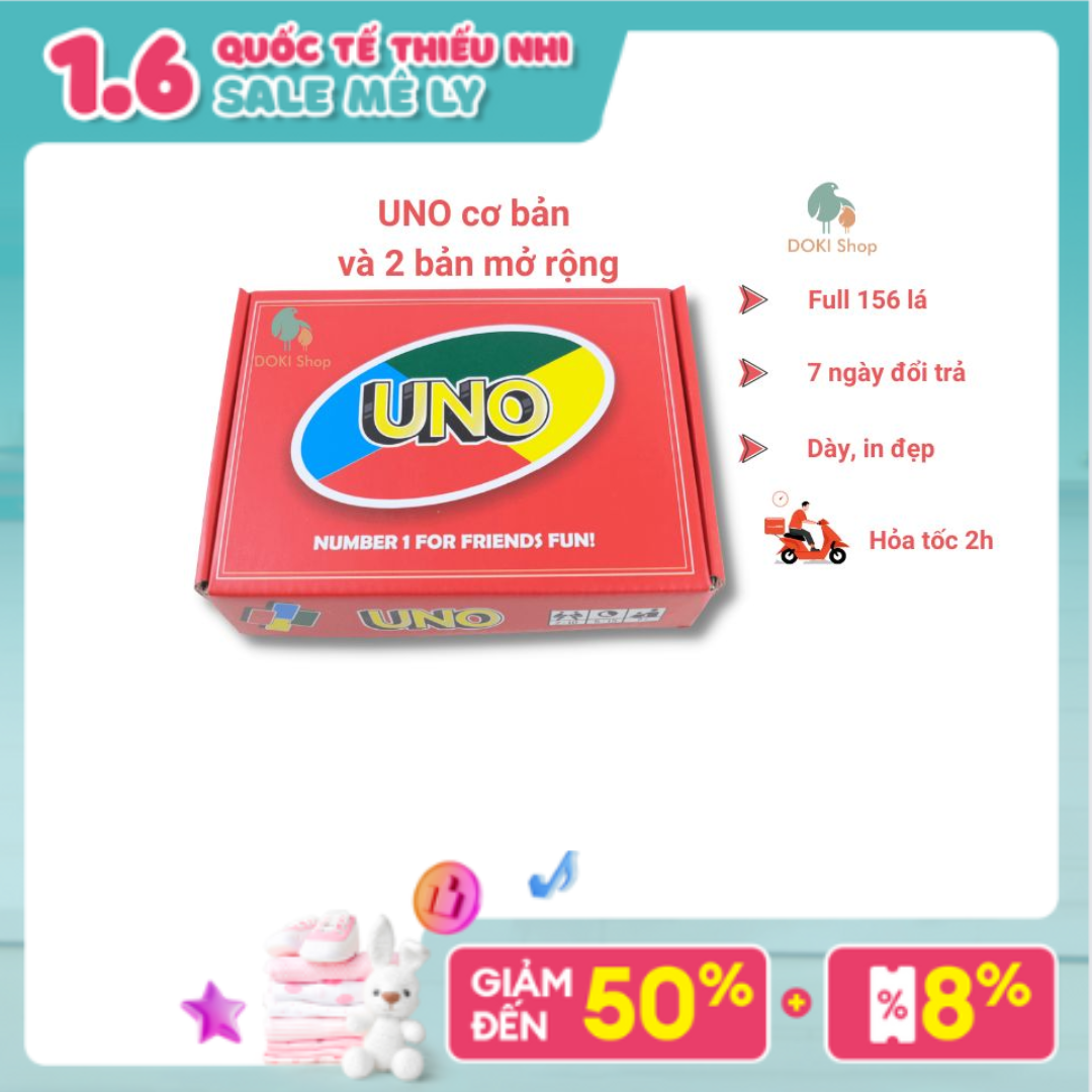 Bộ bài Uno Full 184 lá gồm bộ cơ bản và 3 bản mở rộng, cắt góc bo tròn, màu sắc đẹp