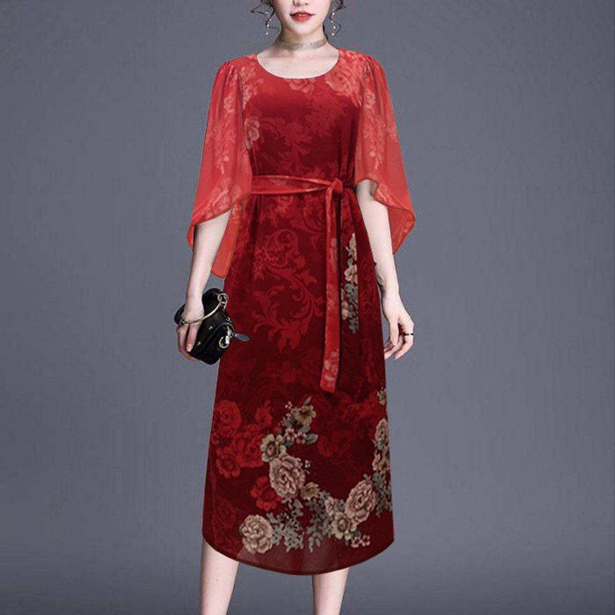 Đầm suông trung niên kiểu đầm suông bigsize in hoa lá cột eo - thời trang trung niên nữ goti 3304
