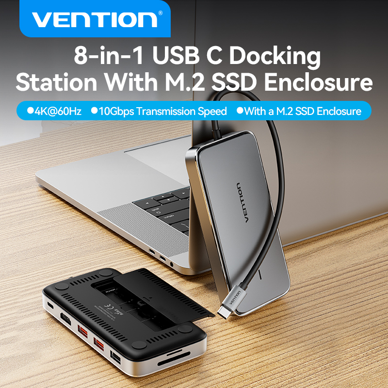 Vention 8 Trong 1 USB C HUB Type C Sang M.2 Sata SSD Enclosure HDMI 4K 60Hz USB 3.2 10Gbps PD100W SD