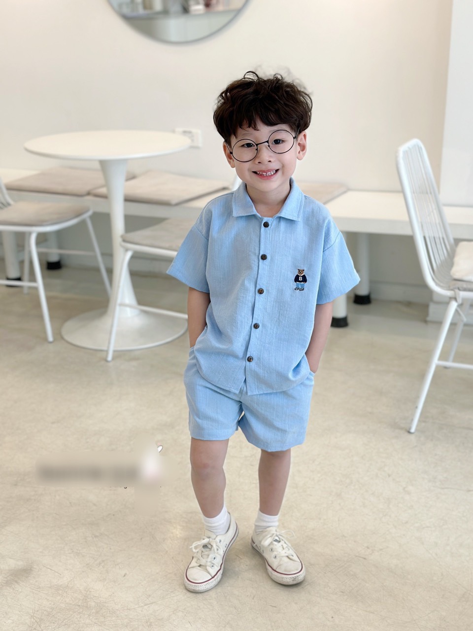 Bộ sơ mi đũi cộc tay thêu hình gấu cho bé trai từ 8-18kg