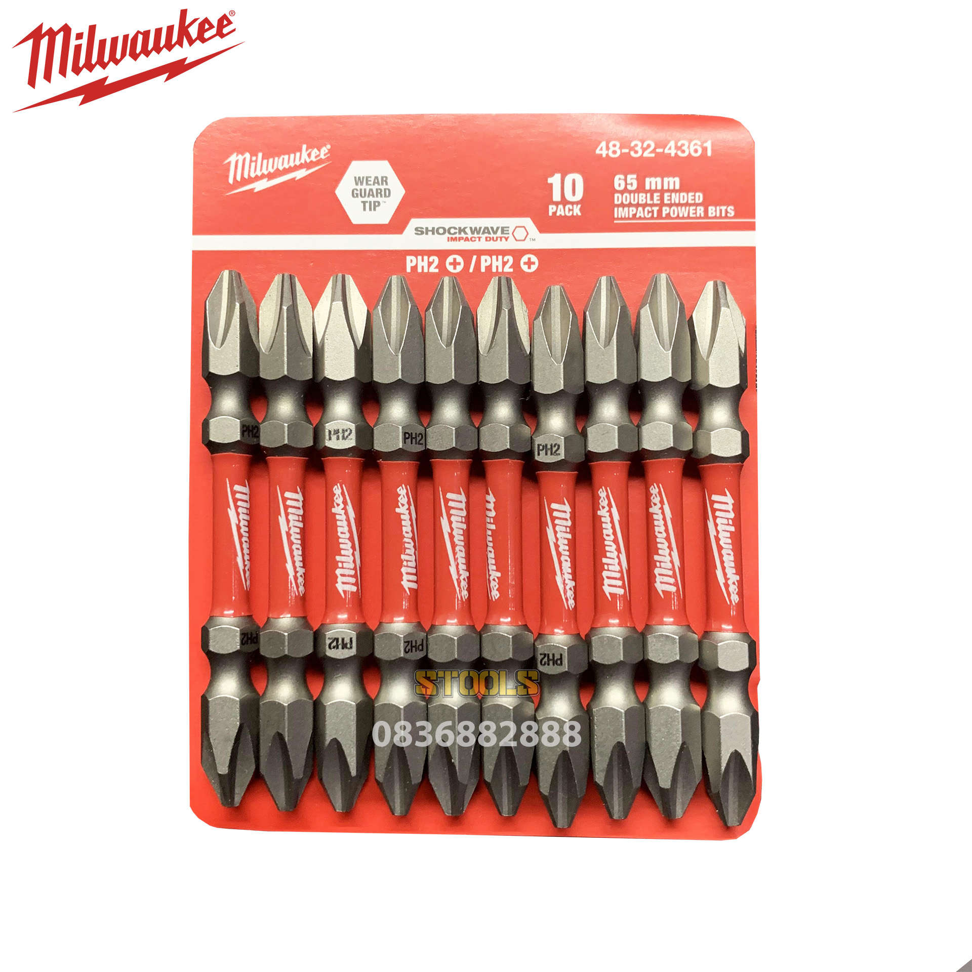 Bộ 10 mũi vít PH2 dài 65mm Milwaukee chính hãng Mỹ siêu bền, mũi bắt vít 2 đầu 4 cạnh bake nam châm từ siêu cứng, chống gỉ, chống tòe, độ bền gấp 30 lần mũi vít thường, mũi bắn vít PH2, mũi vít PH2 x 65mm, đầu bắt vít 4 cạnh