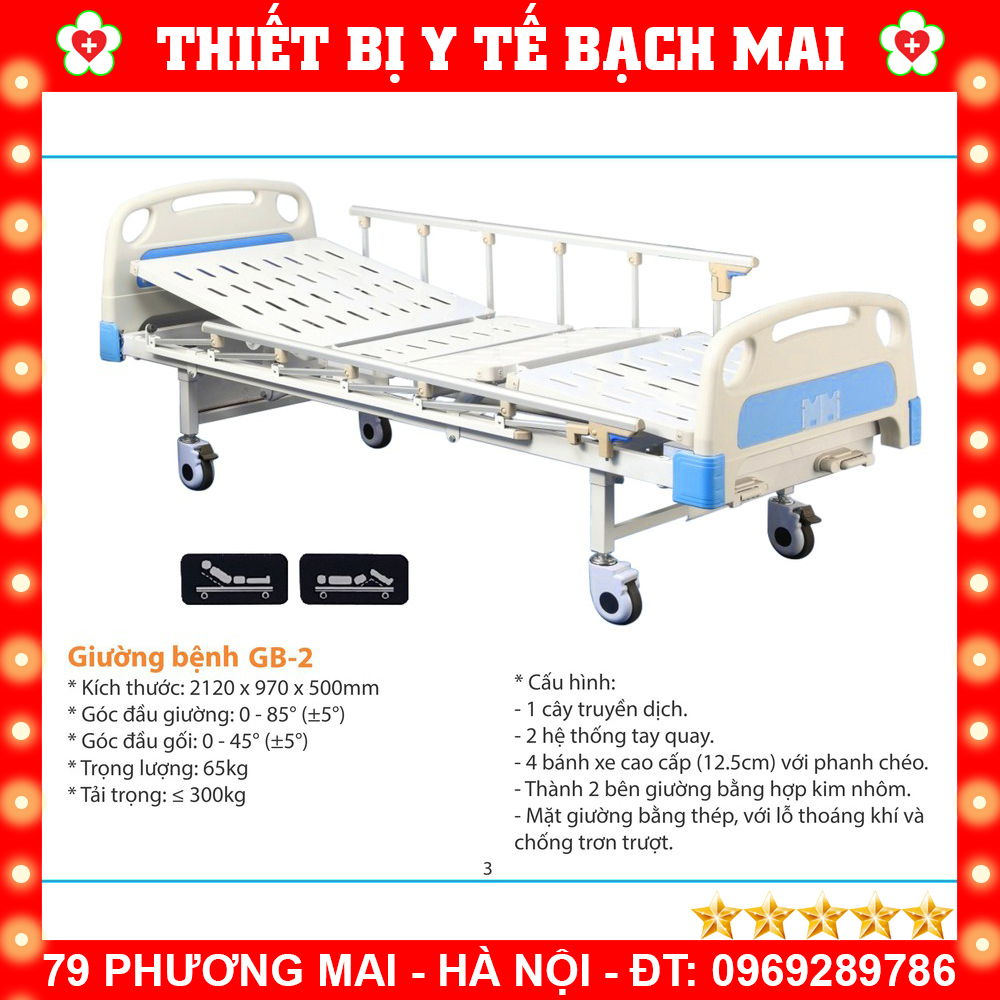 Giường Bệnh Nhân Y Tế 2 Tay Quay Dòng Cao Cấp Lucass GB-2