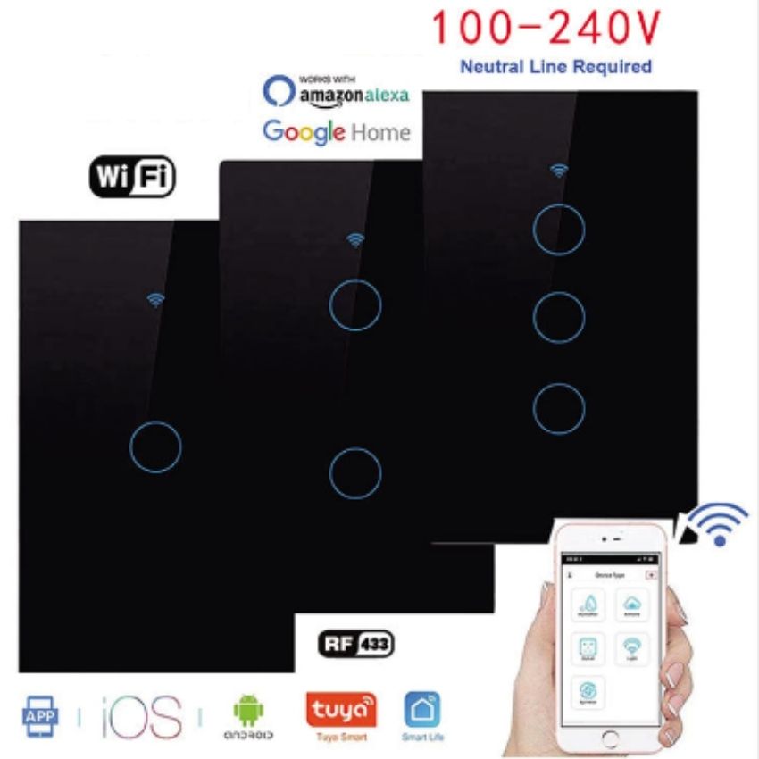 (Bản Tiếng Việt) Công tắ điều khiển từ xa Wifi 3G4G app Smart Life Tuya 1 nút hình chữ nhật màu đen kính cường lực điều khiển 1 thiết bị đèn điện máy bơm công tắc nhà thông minh