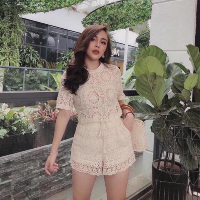 Set ren đi biển, bộ áo ren lỗ và quần short ren siêu xinh